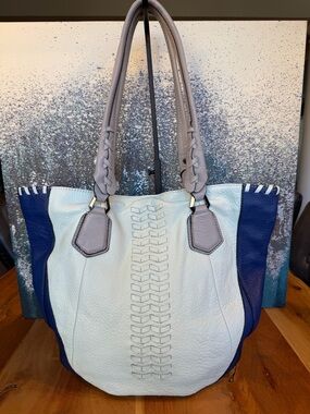 orYANY Leather Colorblock Tote Blue/Gray Braided Shoulder Bag (GUC)